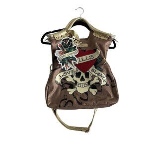 Ed Hardy Gold Bronze Y2K 90s Love Kills Slowly Skull Tattoo Tanya Tote Bag NWT